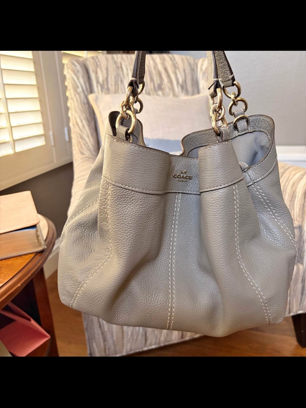 Coach Gray Pebbled Leather Hobo Shoulder Bag with Gold Hardware